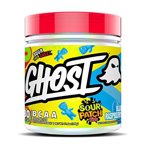 GHOST BCAA Powder Amino Acids Supplement, Sour Patch Kids Blue Raspberry - 30 Servings - Sugar-Free Intra, Post & Pre Workout Amino Powder & Recovery Drink, 7G BCAA Supports Muscle Growth - Sour Patch Kids Blue Raspberry