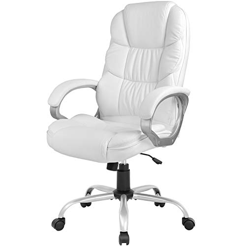 Office Chair Computer High Back Adjustable Ergonomic Desk Chair Executive PU Leather Swivel Task Chair with Armrests Lumbar Support (White) - White