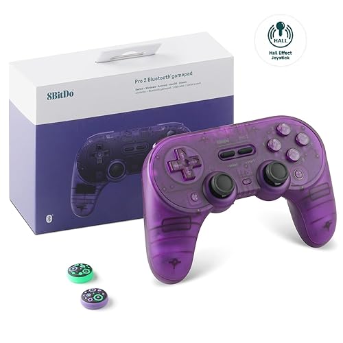 8Bitdo Pro 2 Bluetooth Controller (Hall Effect Joystick Update) - for Switch PC Windows Android MacOS Steam Raspberry Pi (Transparent Purple) - Transparent Purple