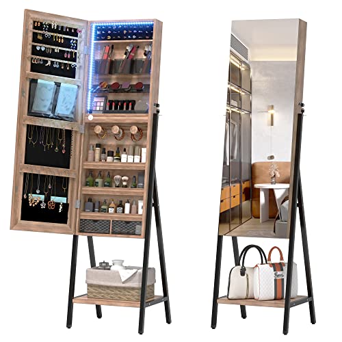 LVSOMT 3 LEDs Mirror Jewelry Cabinet, 60.4" Jewelry Mirror Full Length, Standing Lockable Jewelry Armoire Organizer, Floor Mirror with Storage for Jewelry Cosmetics, Brown - Brown