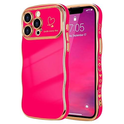LCHULLE for iPhone 12 Pro Max Case for Women Girls, Cute Wave Frame Curly Shape with Love Heart Raised Camera Protection Cover Luxury Plating Shockproof Phone Case for iPhone 12 Pro Max, Hot Pink - Hot Pink - for iPhone 12 Pro Max 6.7"