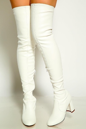 White Thigh High Boots Chunky Heels - 8.5 / White