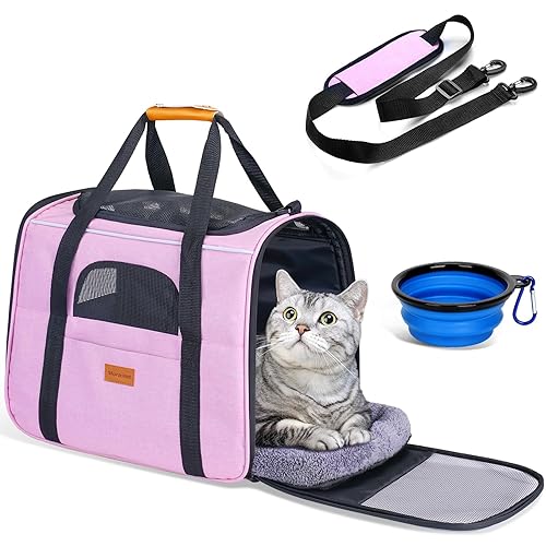 Morpilot Portable Cat Carrier - Soft Sided Cat Carrier for Medium Cats and Puppy up to 15lbs, Pet Carrier with Locking Safety Zippers, Foldable Bowl, Airline Approved Travel Dog Carrier - Pink - Pink - 17.3"L x 12.2"W x 13.4"H