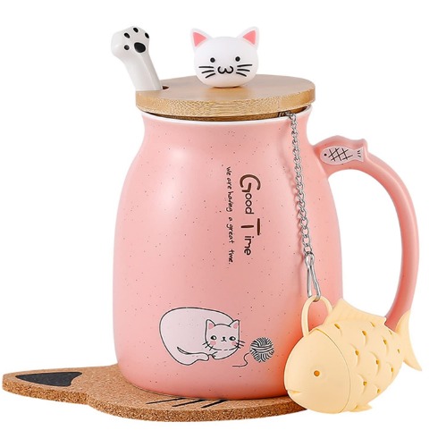 Cat Mug Cute Ceramic Coffee Cup with Lovely Kitty Wooden lid Stainless Steel Spoon,Novelty Morning Cup Tea Milk Christmas Mug 380ML (Pink) - Pink