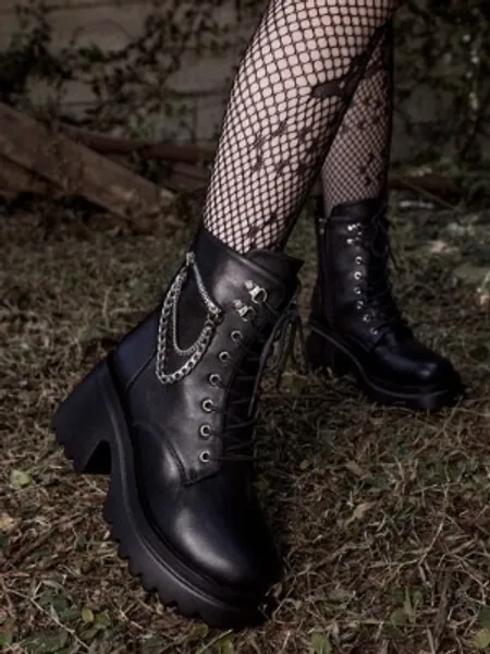 ROMWE Goth Zip & Chain Decor Lace-up Front Combat Boots