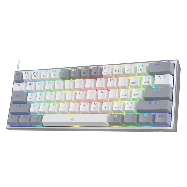 Redragon K617 60 % trådbundet RGB-speltangentbord, 61 tangenter kompakt mekaniskt tangentbord med vita och grå blandade färgade tangenter, linjär röd strömbrytare, Pro drivrutinsstöd