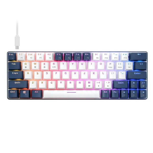 60 % minimekaniskt speltangentbord, Bluetooth-kabelansluten, ergonomisk design med USB-kabel RGB-belysning, blå omkopplare 63 knappar för PC, vitt och blått (QWERTY, amerikansk layout)