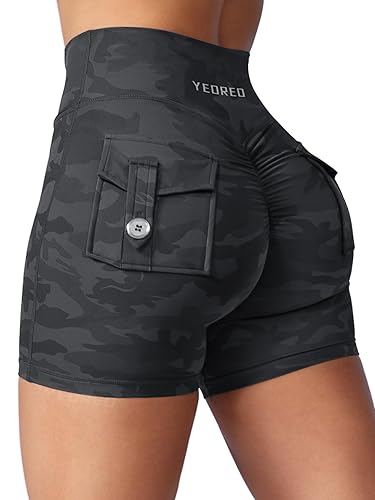 YEOREO Scrunch Workout Shorts with Pockets Charm Gym Biker Shorts for Women High Waisted Yoga Booty Shorts - 4.5'' Inseam - Large - Black Camo