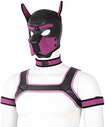 Unisex Neoprene Dog Head Mask, Novelty Dog Head Mask with Collar, Armband and Shoulder Strap - Mask Kit - Black & Pink