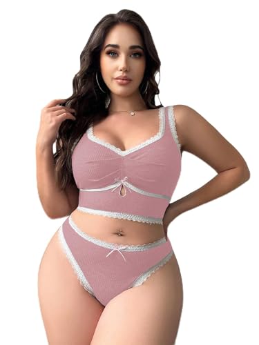 WDIRARA Women's Plus Size Lace Trim Ruched Underwire Lingerie Set Bralette and Panty Set - X-Large - Dusty Pink