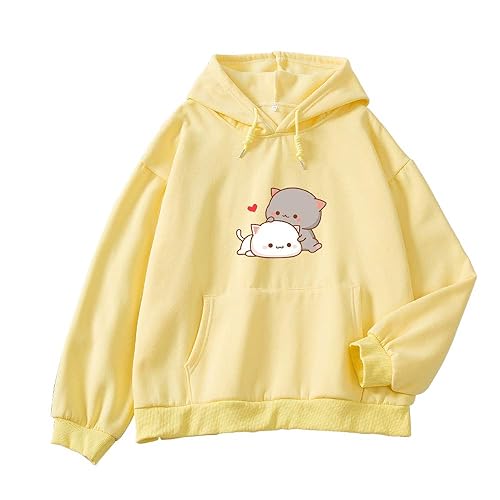 Women Kawaii Cartoon Cute Cat Graphic Casual Cotton Pullover Hoodies Sweatshirt - Medium - Yellow