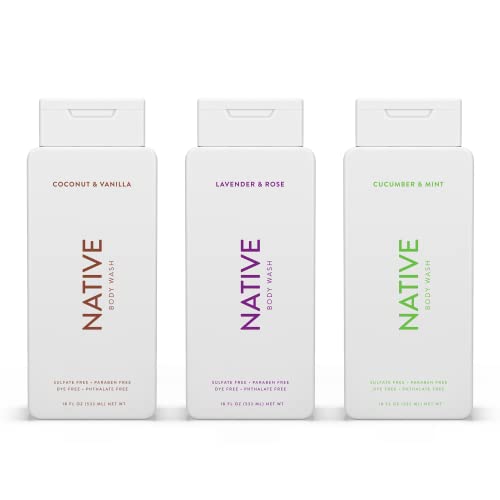 Native Body Wash Natural Body Wash for Women, Men | Sulfate Free, Paraben Free, Dye Free, with Naturally Derived Clean Ingredients Leaving Skin Soft and Hydrating, 18 oz - Pack of 3 - 3 Pk - Coco Vanilla, Lavender Rose, Cuc Mint 18 oz