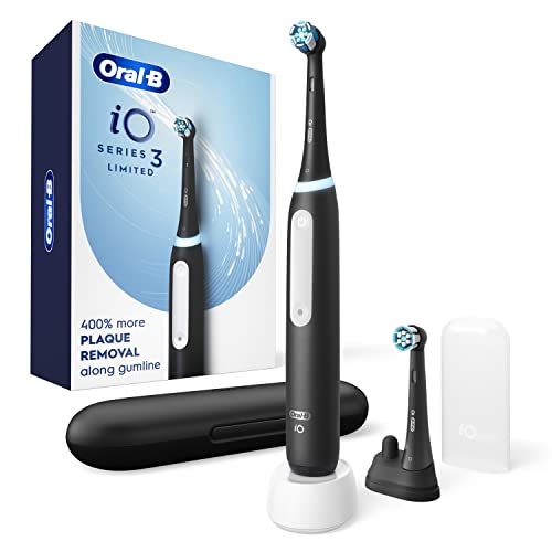Oral-B iO Series 3 Limited Rechargeable Electric Powered Toothbrush, Black with 2 Brush Heads and Travel Case - Visible Pressure Sensor to Protect Gums - 3 Modes - 2 Minute Timer - iO Series 3 Limited - Black