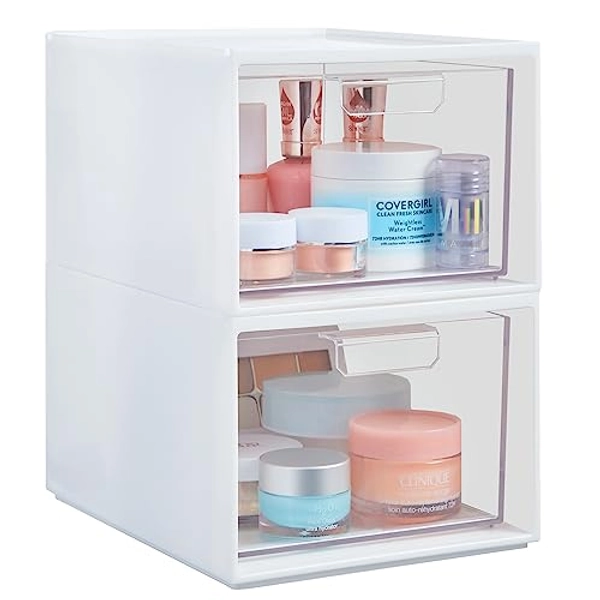 STORi Audrey Stackable Plastic White Organizer with Clear Drawer | 2 Piece Bin Set | Organize Cosmetics and Beauty Supplies on a Vanity | Made in USA