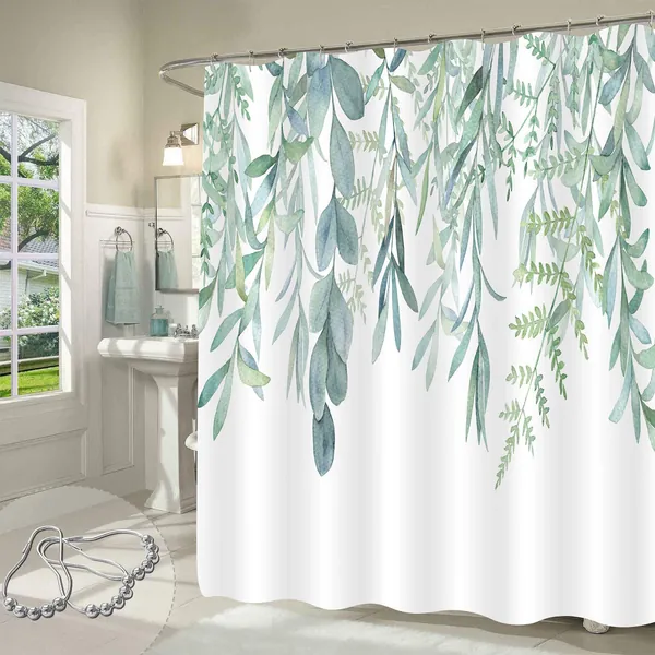 Gibelle Green Plant Leaves Shower Curtain, Spring Sage Green Eucalyptus Leaf Succulent Botanical Country Watercolor Floral Bathroom Fabric for Shower Curtain Set with Hooks, 72x72 - Green 01 72" W x 72" L