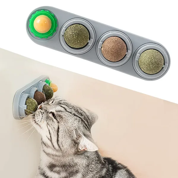 Potaroma 4 Pack Catnip Toys, Silvervine Wall Balls, Edible Kitty Toys for Cats Lick, Safe Healthy Kitten Chew Toys, Teeth Cleaning Dental Cat Ball Toy, Cat Wall Treats - Board