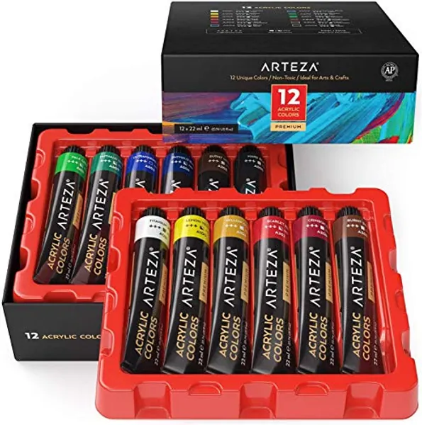 Arteza Acrylic Paint, Set of 12 Colors/Tubes (0.74 oz, 22 ml) with Storage Box, Rich Pigments, Non Fading, Non Toxic Paints for Artist & Hobby Painters, Art Supplies for Canvas Painting
