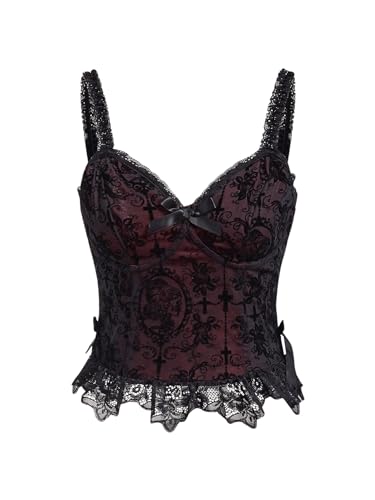 SHENHE Women's Lace Bow Front Spaghetti Strap V Neck Camisole Y2K Goth Crop Top Tank Black Cross Printed X-Small