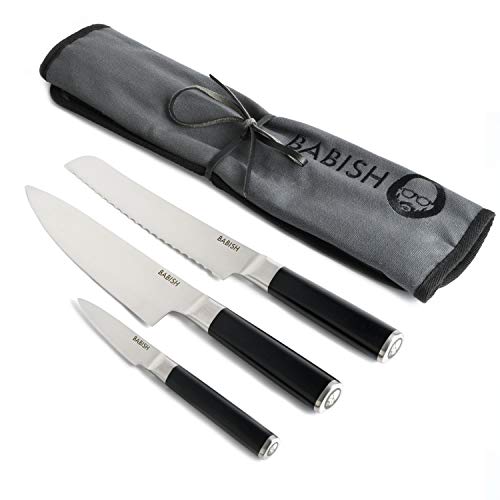 Babish German High-Carbon 1.4116 Steel Cutlery, 3-Piece (Chef Knife, Bread Knife, & Pairing Knife) w/Kitchen Knife Roll - High Carbon Stainless Set w/ Knife Roll - 3-Piece w/Knife Roll - Knife