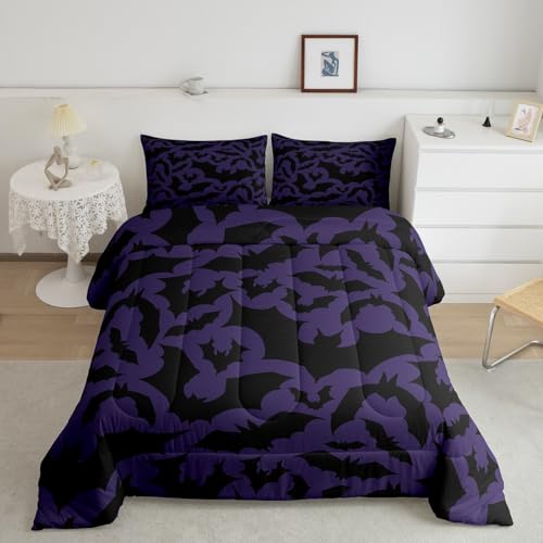 Castle Fairy Halloween Themed Comforter Set Twin Size,Black Bats Animal Print Quilt Set for Kids Boys Bedroom Collection,Dark Purple Color Polyester Bedding with 1 Pillowcase,2Pcs - Halloween - Twin