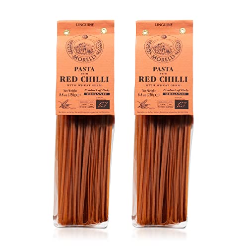 Morelli Red Chilli Linguine Pasta - Red Pepper Pasta with Wheat Germ - Italian Pasta from Italy - Naturally Flavored Pasta - Gourmet Pasta - NON GMO - ORGANIC - 8.8oz (250g) - Pack of 2 - Red Chilli - 8.8 Ounce (Pack of 2)