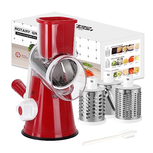 Rotary Cheese Grater Shredder Chopper Round Tumbling Box Mandoline Slicer Nut Grinder for Vegetable, Hash Brown, Potato with 3 Sharp Drums Blades and Strong Suction Base by Valuetool - Red
