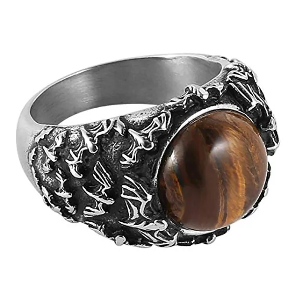 HZMAN Men Women Retro Large Tiger Eye Stone Turquoise Wedding Ring Gothic Stainless Steel Ring Size 7-14 - Bat Tiger Eye - 8