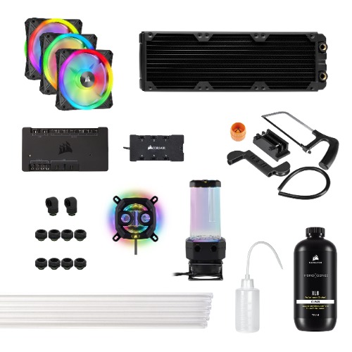 Corsair Hydro X Series iCUE XH305i RGB PRO Custom Cooling Kit (Hardline CPU Cooling Loop, CPU Water Block, D5 Pump/Reservoir Combo, Radiator, 3x RGB Fans, iCUE Software Control) Black - Black Xylem D5 Pump, QL120 RGB Fans Cooling Kit