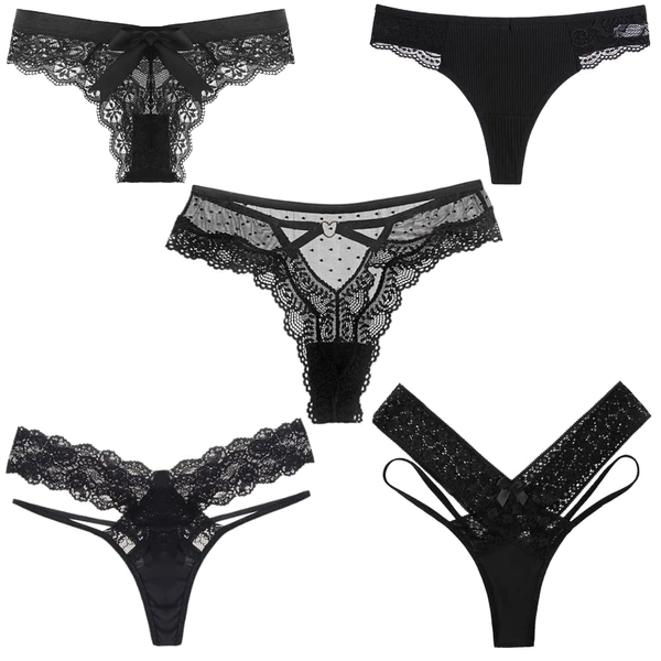 Sexy Black Thong Underwear | Variety 5 Pack | Lace Panties | Women's Underwear | Panties for Women | Lingerie for Women