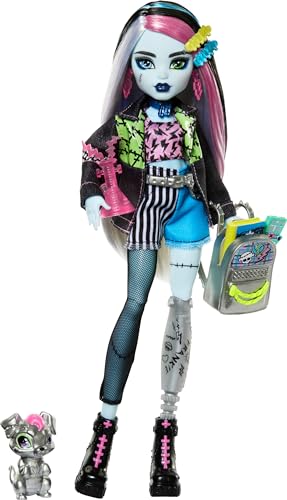 Monster High Frankie Stein Doll in Denim Jacket and Shorts, Includes Pet Dog Watzie and Accessories Like a Backpack, Snack and Notebook - Refreshed Look