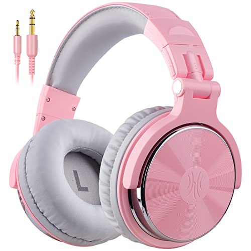 OneOdio Over Ear Headphone, Wired Bass Headsets with 50mm Driver, Foldable Lightweight Headphones with Shareport and Mic for Recording Monitoring Mixing Podcast Guitar PC TV (Light Pink)