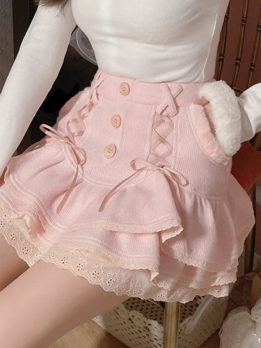 Japanese Kawaii Cute Pink or White Bow Lace Up Mini Skirt - Pink / S