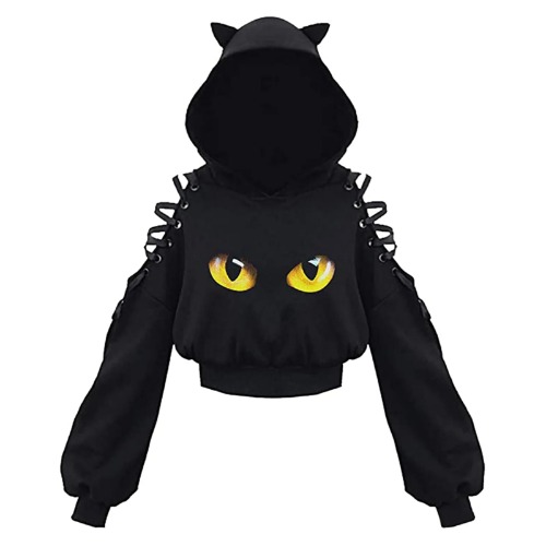 Cat Crop Top Hoodie w/ Exposed Shoulders - Cat Eyes / M
