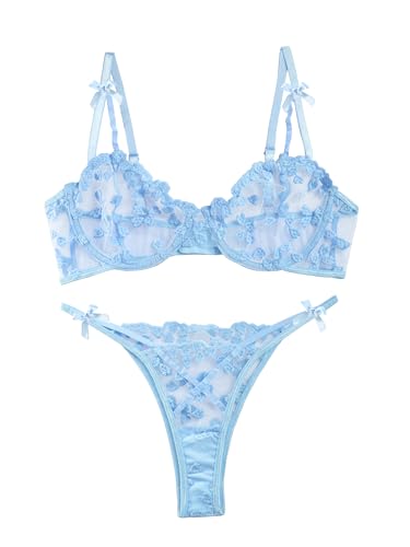Lilosy Sexy Underwire Cute Push Up Strappy Embroidered Mesh Sheer Lingerie Set See Through Panty Bra - Bows - X-Small - Bow Light Blue
