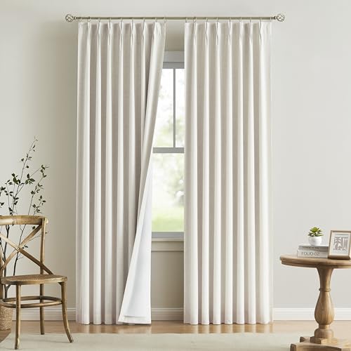 Vision Home Natural Pinch Pleated Full Blackout Curtains Linen Blended Room Darkening Window Curtains 108 inch for Living Room Bedroom Thermal Insulated Pinch Pleat Drapes with Hooks 40" Wx108 Lx2 - 40"x108"x2 - Natural