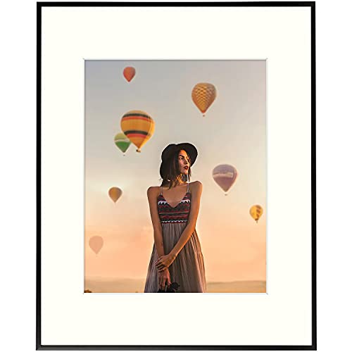 Frametory, 16x20 Aluminum Picture Frame - 16x20 Black Frame with Ivory Color Mat for 11x14 Photo - 20 by 16 Metal Photo Frame & Real Glass - Sawtooth Hanger included for Wall Display - 1 Pack - 16x20 Frame for 11x14 - Black