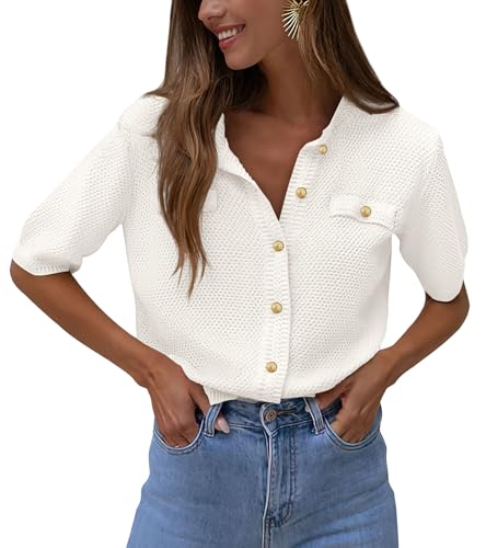 PRETTYGARDEN Women's Summer Button Down Shirts Casual Short Sleeve Crew Neck Ribbed Knit Blouse Top Cardigans - White - Small