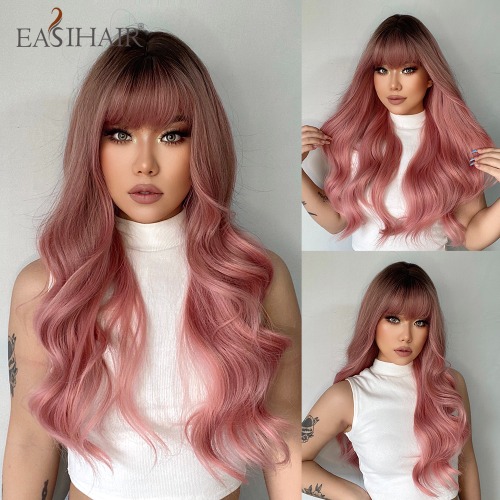 EASIHAIR-Peluca de cabello sintético ondulado para mujer, cabellera artificial largo con flequillo, color rosa, resistente al calor, para Cosplay