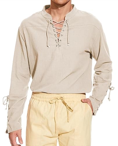 Zando Men's Renaissance Faire Costume Pirate Shirt Men Lace up Medieval T Shirt Steampunk Viking Halloween Costume Top - Medium - Beige