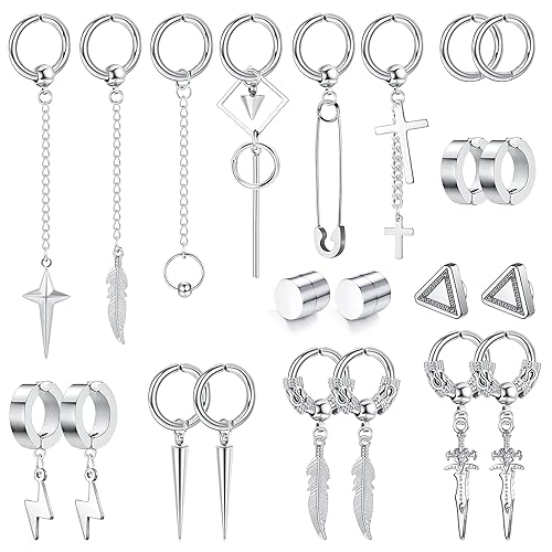 Drperfect 22Pcs Dangle Clip On Earrings for Men Fake Earrings Stainless Steel Cross Sword Feather Lightning Hinged Hoop Non-Piercing Earrings Set Black Silver Tone - Silver