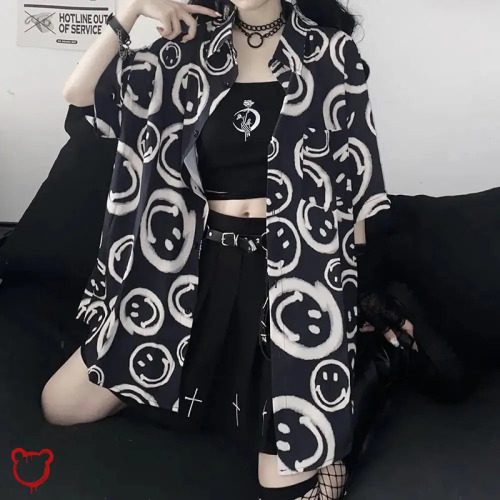 "Oversize Black Smiley Shirt" - Black / M