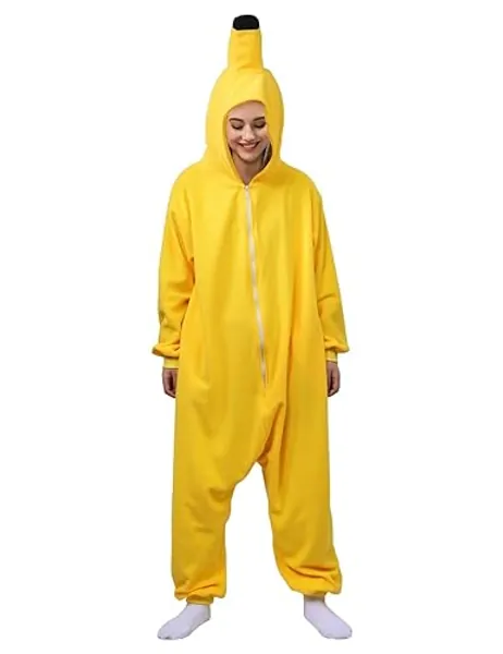 vavalad Banana Costume Adult, Banana Onesie for Women Dress Up Party and Roleplay Cosplay - Yellow - Large