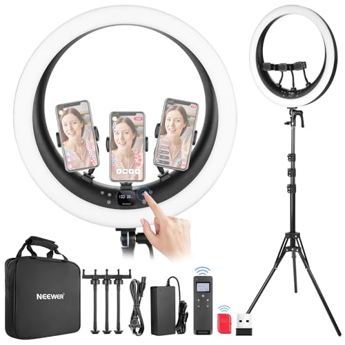 NEEWER 19 inch 2.4G Ring Light with Stand, 3 Phone Holders, 2.4G USB Transmitter for Mac/PC Remote Control, Touch Panel, Smooth Dimming at 1%, 3200K-5600K for Selfie TikTok Live Streaming Zoom, RP19H - Ring Light with 2.4G USB Transmitter