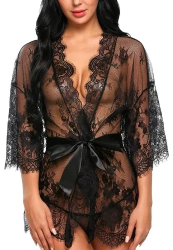 Lace Kimono Robe Babydoll Lingerie Mesh Nightgown