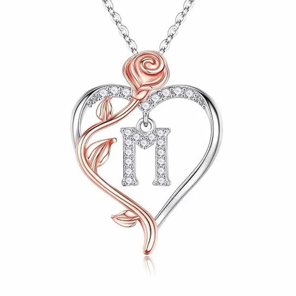 Iefil Valentines Day Gifts for Her - 925 Sterling Silver Rose Heart Initial Necklace, Anniversary Birthday Gifts for Women, Jewelry Gifts for Her Wife Girlfriend Mom Women - IEFIL Jewelry Box and Gift Bag - M