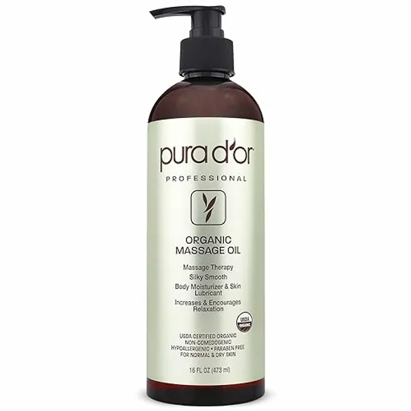 PURA D'OR 16 Oz Organic Massage Therapy Oil USDA Certified Almond, Apricot, Argan, Ginger, Jojoba, Lavender Oils for Silky & Softer Skin, Body Moisturizer & Skin Lubricant - Sensual