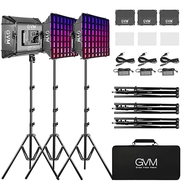 GVM RGB Photography Lighting Kits with 3 Softboxes, 880RS 60W Studio Lights with Bluetooth Control, 3 Packs Video Light with 18 Lighting Scenes, led Panel Lights for Video Recording, 8330lux/0.5M - 880 3packs with softbox
