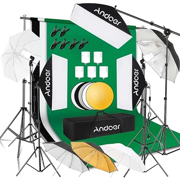 Andoer Professional Softbox Photography Studio Lighting Kit with 3 Color Backdrops, 6.5*10ft Backdrop Stands, Photography Umbrellas for Product Photography Portrait Video Shooting and Live Streaming - XL