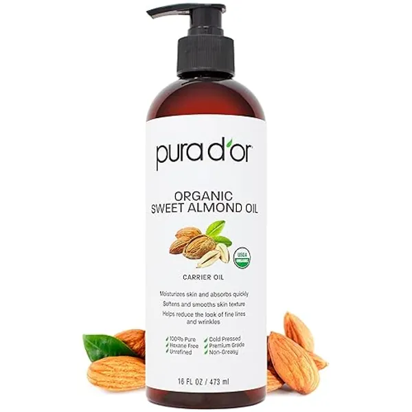 PURA D'OR 16 Oz ORGANIC Sweet Almond Oil - 100% Pure & Natural USDA Certified Cold Pressed Carrier Oil For DIY Beauty - Non-Greasy, Unscented, Hexane Free Moisturizer - Massage Oil For Hair & Skin