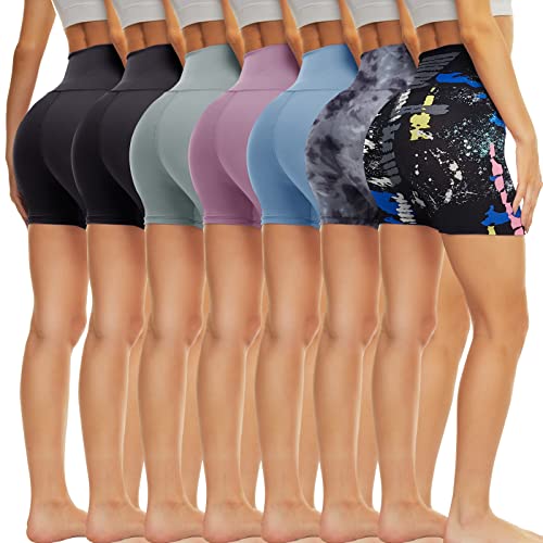 TNNZEET 7 Pack High Waisted 5” Biker Shorts for Women – Soft Black Workout Yoga Running Shorts - 5 inch - Small-Medium - Black/ Black/ Light Grey/ Thistle/ Sky Blue/ Grey Tie Dye/ Artist Splash
